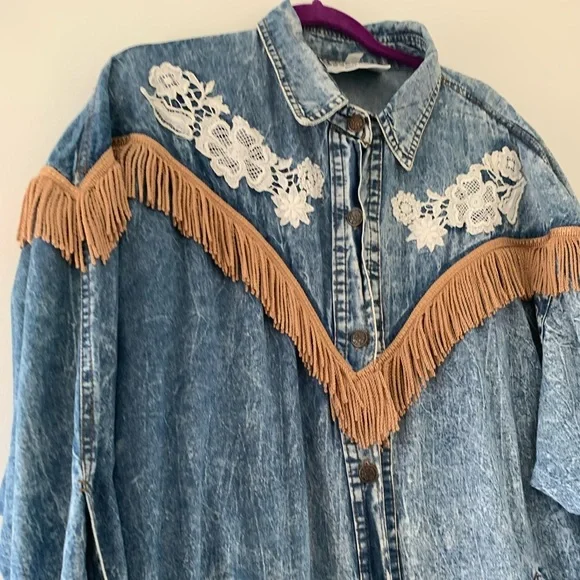 Rare 80s OOAK Vintage J Carreli Denim Acid Wash Tapestry Lace Fringe Jacket - Picture 14 of 17